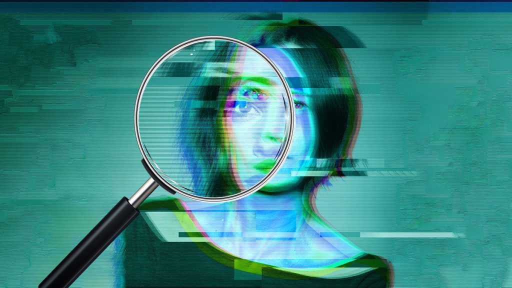 woman, deepfakes, glitch, social media, magnifying glass,