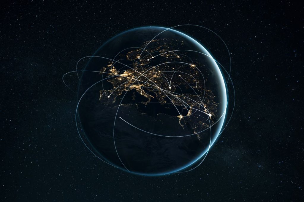 a geodesic sphere of fiber optic cables that illuminates in real-time as data packets flow through local networks.