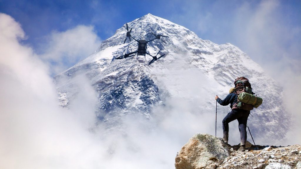 High in the sky, a Mount Everest drone pierces through the high-altitude pressures, delivering life-saving supplies