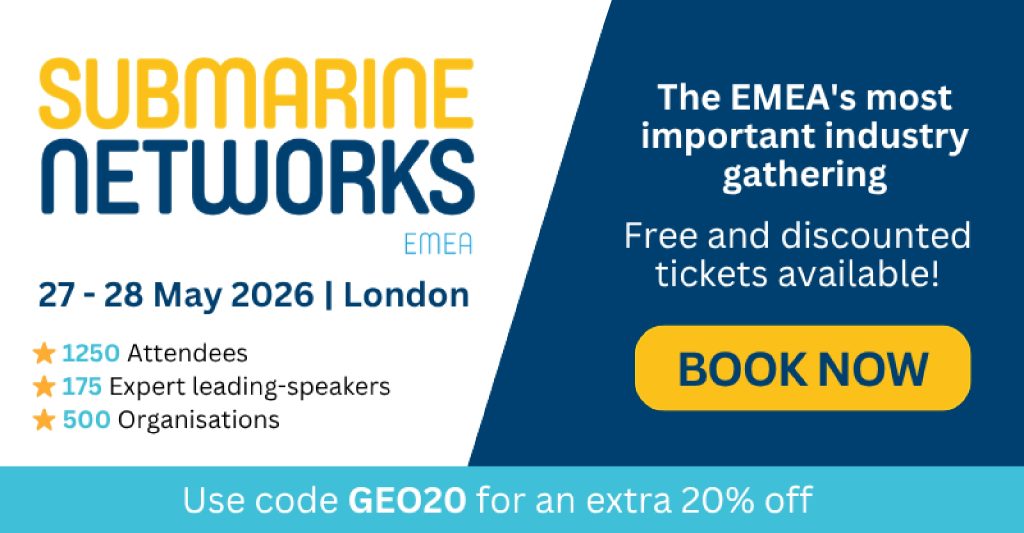Promotional banner for Submarine Networks EMEA 2026 taking place in London on May 27–28, 2026, highlighting 1,250 attendees, 175 speakers, 500 organisations, and a 20 percent ticket discount code.