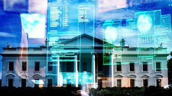 Composite image of the White House overlaid with digital AI interfaces, cybersecurity dashboards, and data screens representing artificial intelligence funding and US intelligence operations.