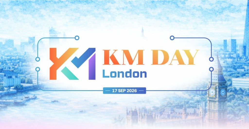 KM Day London 2026 event banner featuring the conference logo, London skyline, and event date