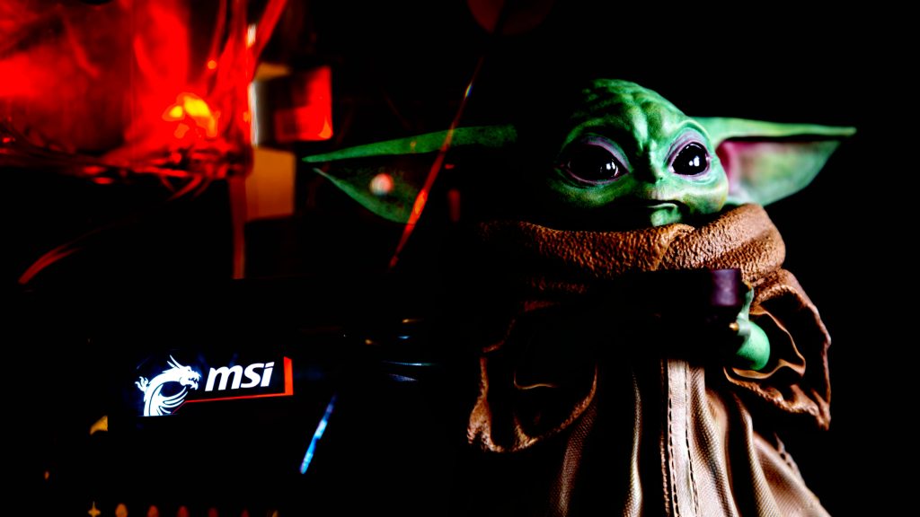 Custom MSI GeForce RTX 5080 The Mandalorian and Grogu Edition graphics card featuring Grogu imagery and themed design inspired by Star Wars.