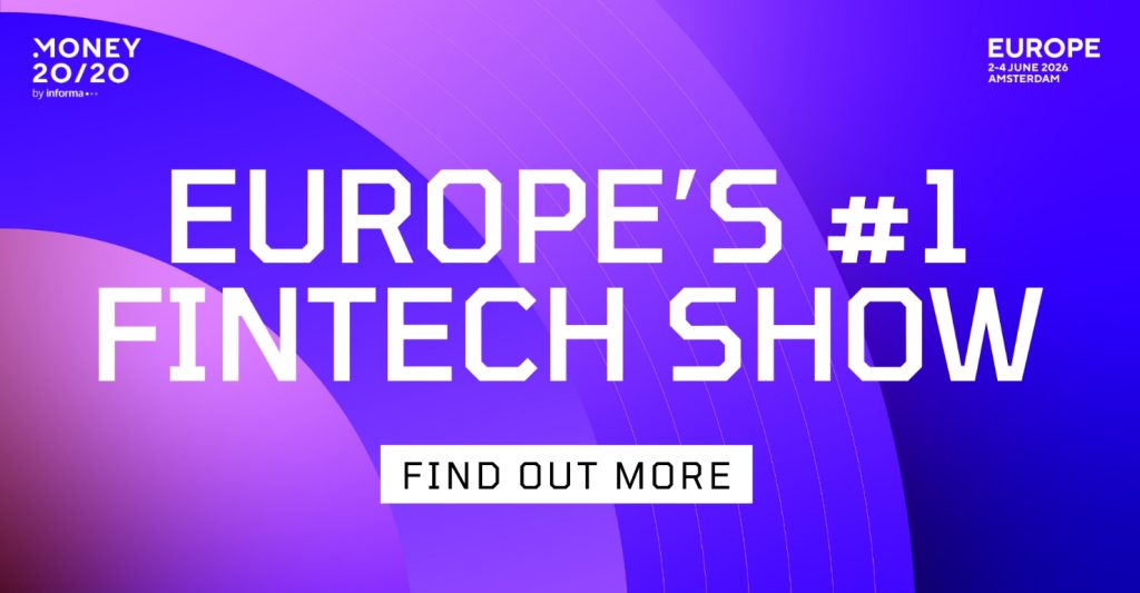 Money20/20 Europe 2026 event banner promoting Europe’s #1 fintech show, taking place in Amsterdam from 2–4 June 2026, with a purple and blue gradient background and a “Find Out More” call-to-action.