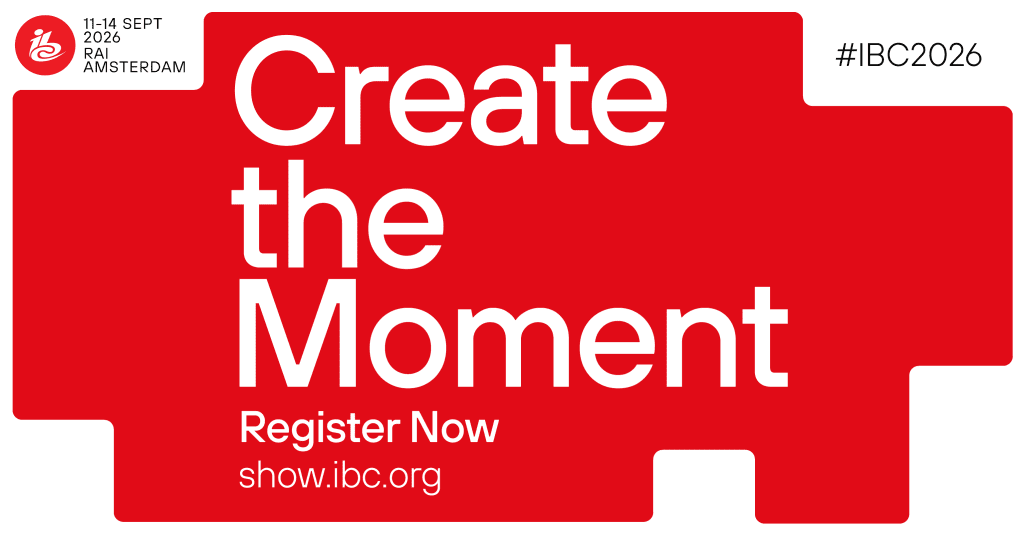 Red and white IBC 2026 promotional banner reading “Create the Moment,” with event details for 11 to 14 September 2026 at RAI Amsterdam, the hashtag #IBC2026, and registration information at show.ibc.org.