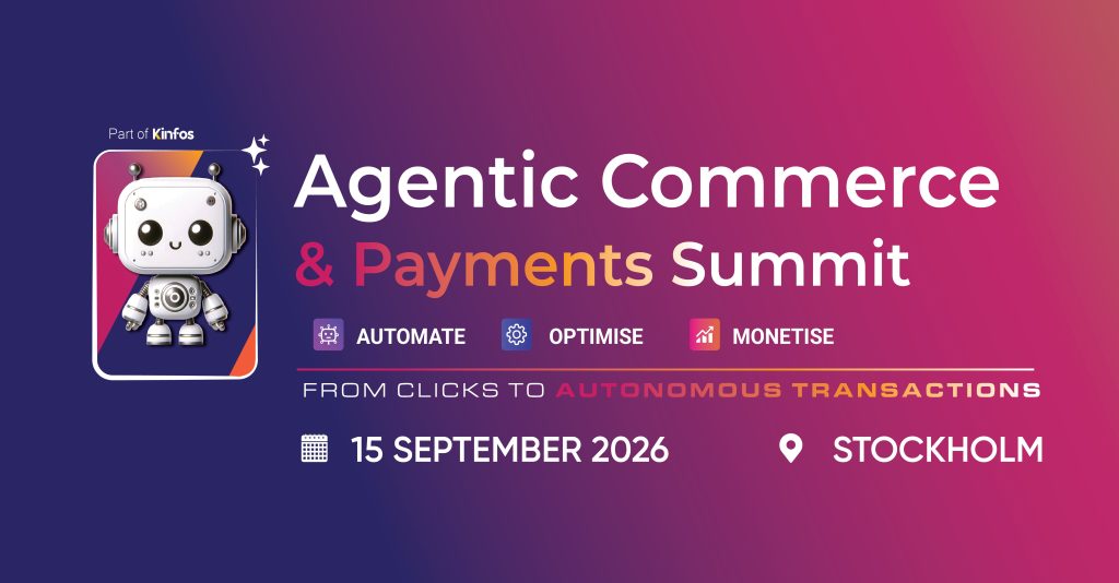 Banner for the Agentic Commerce & Payments Summit 2026 in Stockholm, featuring the event name, September 15, 2026 date, Stockholm location, and themes of AI-driven commerce, payments, and autonomous transactions.
