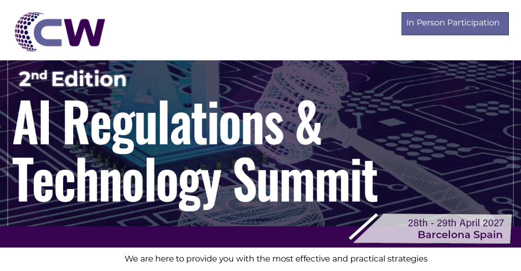 Banner for the 2nd Edition AI Regulations & Technology Summit, showing the event title, in-person participation label, dates 28th–29th April 2027, and location Barcelona, Spain.