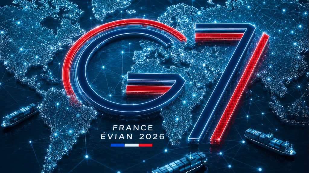 Digital illustration of the G7 Summit 2026 logo over a glowing world map connected by network lines