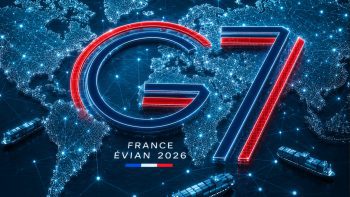 Digital illustration of the G7 Summit 2026 logo over a glowing world map connected by network lines