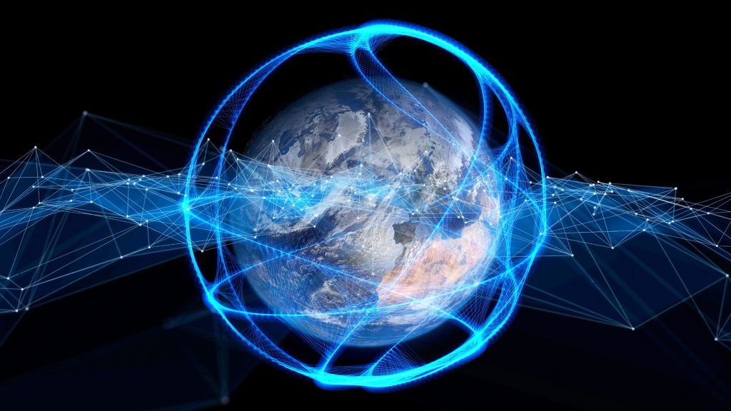 Digital illustration of Earth surrounded by satellite communication networks representing Earth observation satellites driving Europe's space industry.