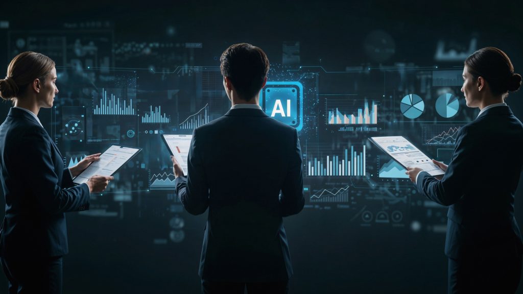 Business professionals analyzing AI search data and digital marketing analytics on interactive dashboards.