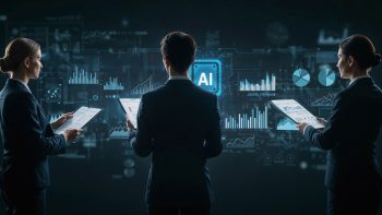 Business professionals analyzing AI search data and digital marketing analytics on interactive dashboards.