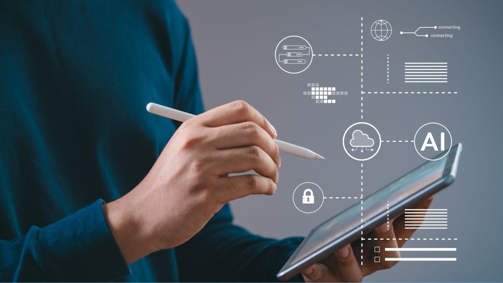 Person using a tablet with AI, cloud, security, and data icons representing AI-powered MLS property search and smart real estate matching.