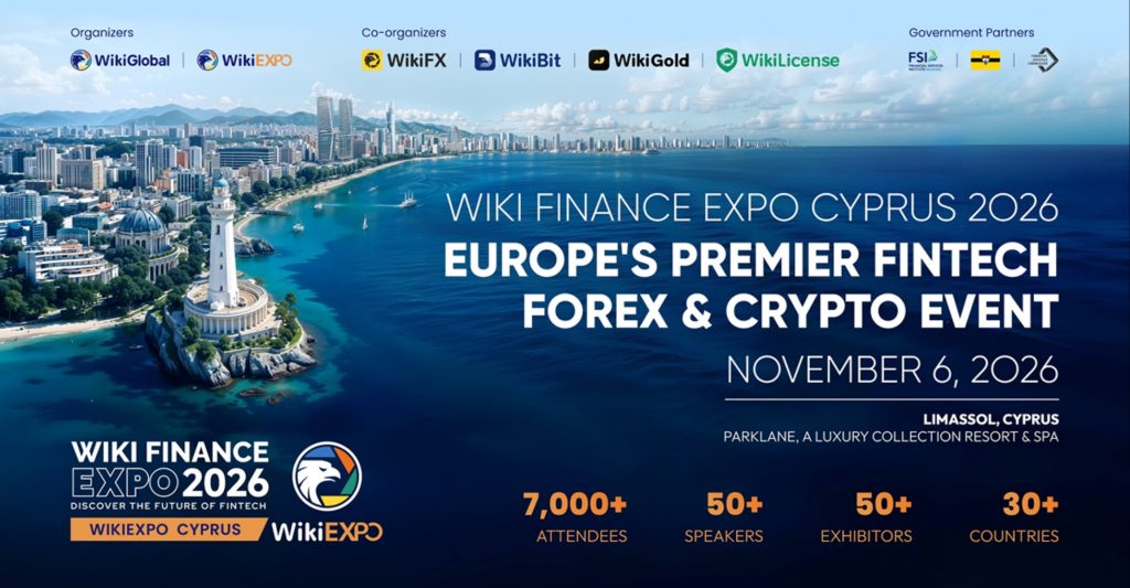 Wiki Finance Expo Cyprus 2026 event banner for the November 6 fintech, forex, crypto and AI event in Limassol, Cyprus.